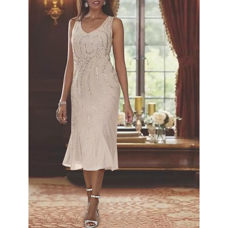 Beach Wedding Two Piece Mermaid Mother of the Bride Dress Formal Wedding Guest Elegant Luxurious V Neck Tea Length Chiffon Sleeveless Wrap Included with Beading Sequin2
