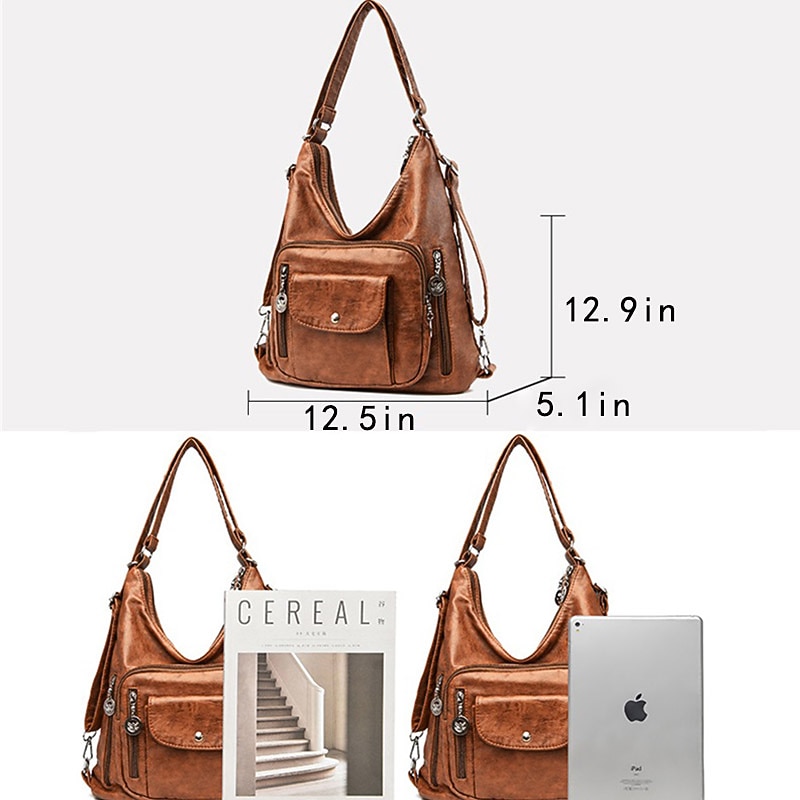 Women's Vintage-Style Brown Faux Leather Hobo Bag - Multi-Pocket Shoulder Bag for Everyday Use2