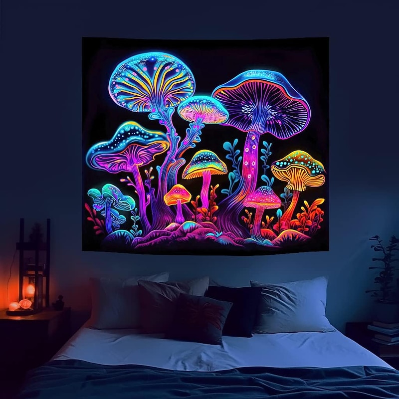 Blacklight Tapestry UV Reactive Glow in the Dark Glow Party Neon Mushrooms Psychedelic Trippy Misty Hanging Tapestry Wall Art Mural for Living Room Bedroom4