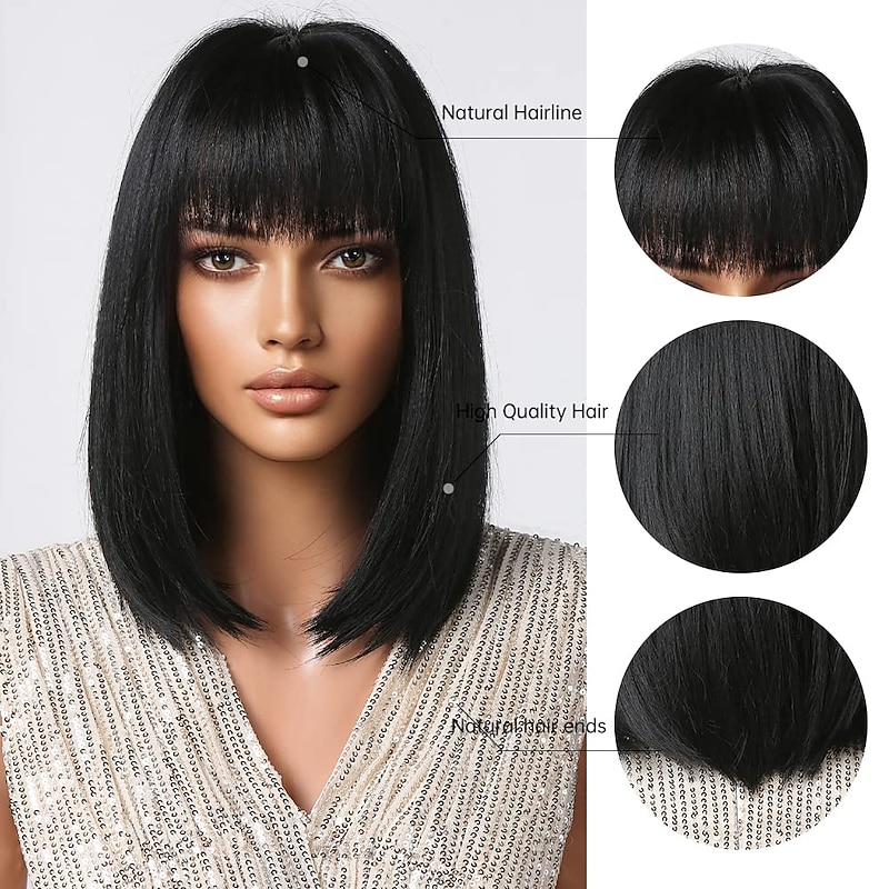 Black Bob Wigs For Women Short Bob Wigs With Bangs Straight Wigs For Daily Use Hair Replacement Natural Hair Looking For Girl Daily Use2