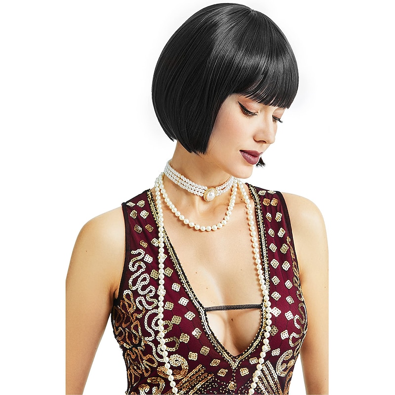 1920s Flapper Short Wig Great Gatsby Bobo Wig Black Straight Wig Flapper Costume Hair Wigs Accessory Halloween Wigs3