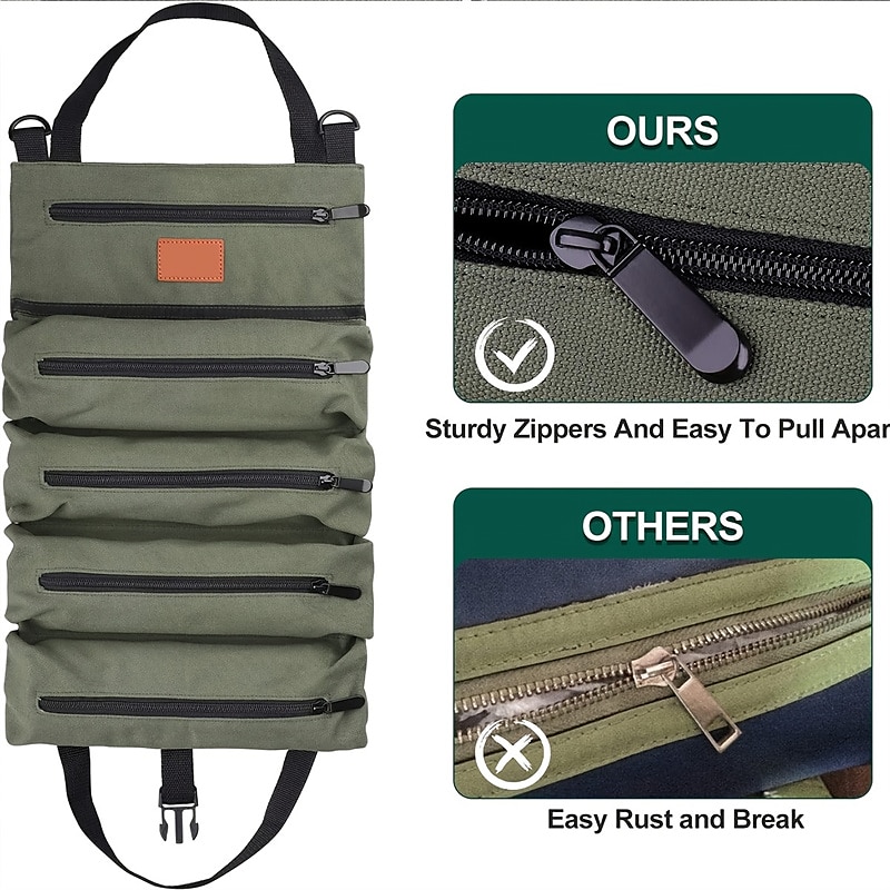 NEW Multi-Purpose Roll Up Tool Bag Hanging Canvas Wrench Tool Bag Storage Bag with 5 Zipper Bags Tool Car Accessories4