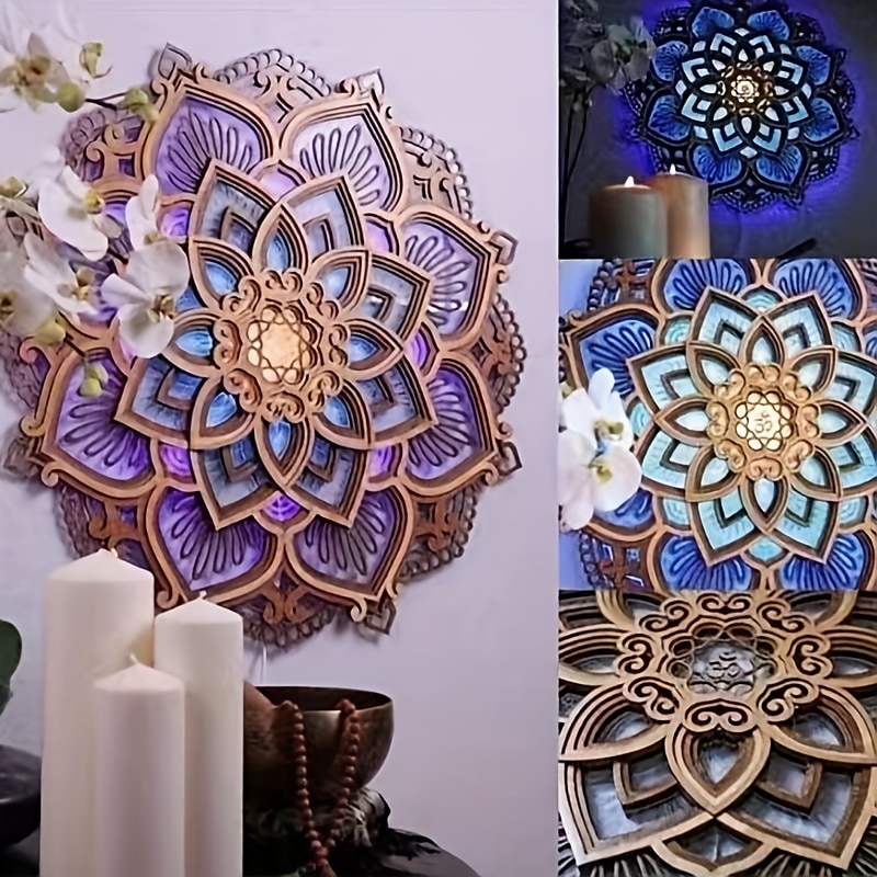 Mandala Night Light Wooden Decorative Lamp Yoga Room LED Night Light Multilayered Laser Cut Carved Light Wall Decor for Home Living Room Bedroom Ornament 1PC3