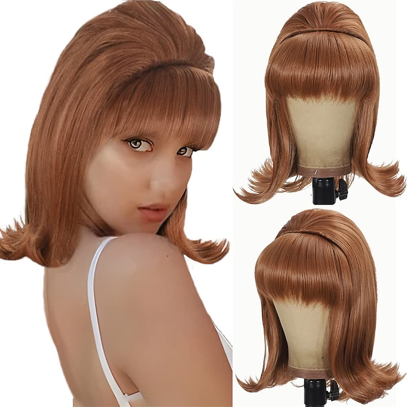 Beehive Wig Auburn Women 60s 70s Wig with Bangs Curly Synthetic Vintage Drag Queen Wigs Cosplay Party Wigs Halloween Wigs