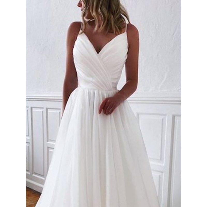Beach Wedding Casual Simple Wedding Dresses Wedding Dresses Sheath Camisole Sleeveless Court Train Chiffon Bridal Gowns With Pleats2