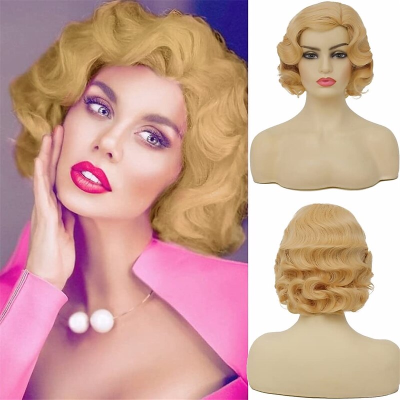Short Curly Blonde Wigs for Women Finger Wave Wig Side Part Lady Synthetic 1920s Vintage Flapper Wig Halloween Wigs