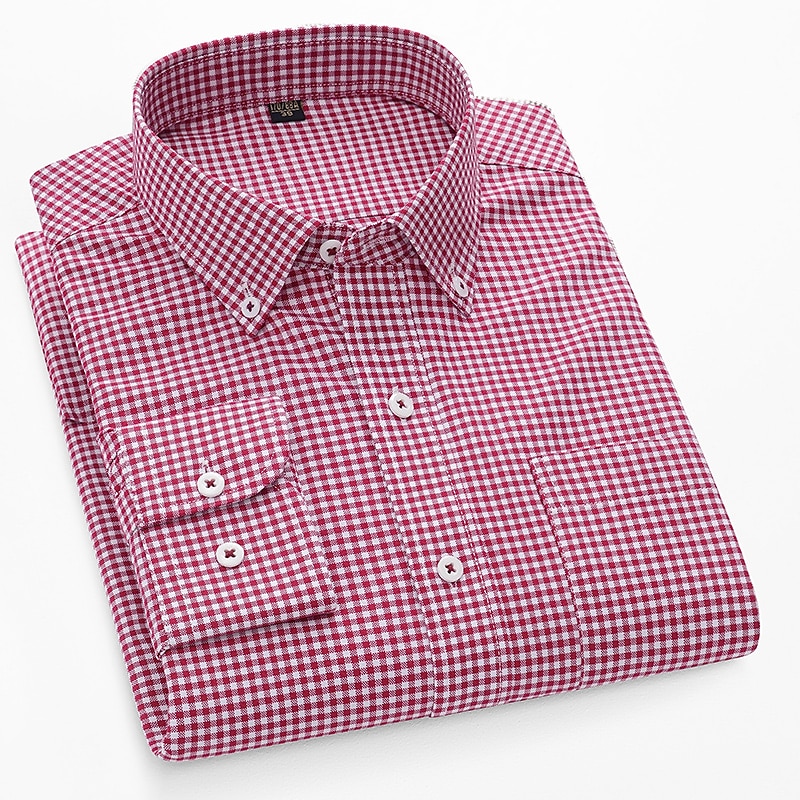 Men's Dress Shirt Button Down Shirt Non Iron Shirt Oxford Shirt Plaid / Striped / Chevron / Round Wedding Office & Career Black Red Blue Long Sleeve Shirt Collar All Seasons Clothing Apparel Print