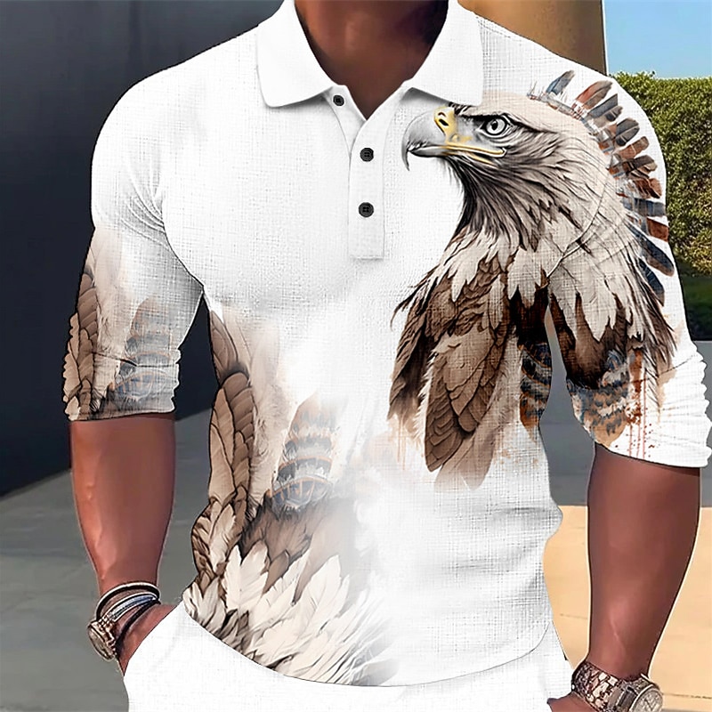 Men's Eagle Polo Shirts Golf Shirt Long Sleeve Polo Shirts Collared Shirts Casual Funny Streetwear Vacation Wear Party Outfits 3D Print Buttons Yellow Blue Purple