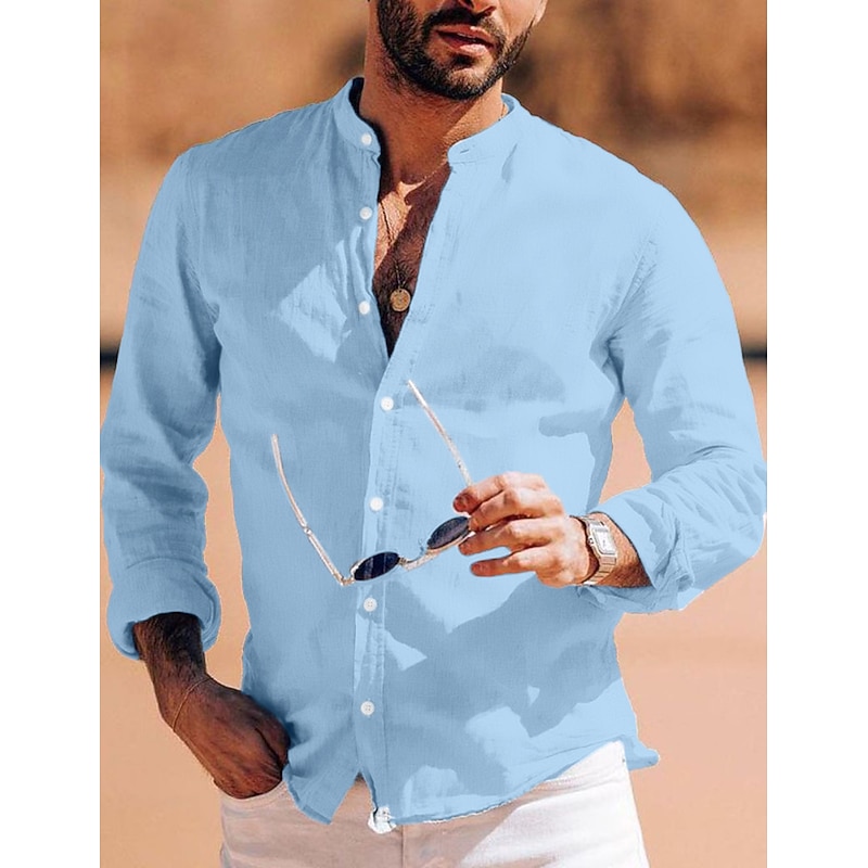 Men's Cotton Linen Shirt Chinese Collar Shirt Mandarin Collar Shirt Plain Vacation Beach White Blue Long Sleeve Grandad Collar Spring & Summer Clothing Apparel3