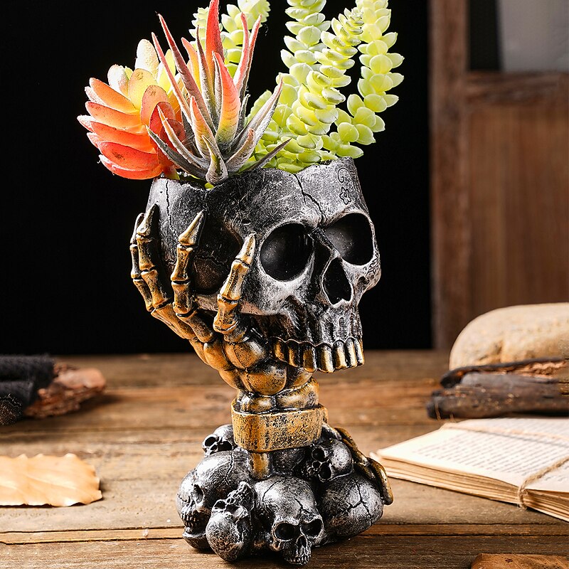 Halloween Skeleton Skull Head Flower Pot Nordic Modern Home Decoration Personalized Damaged Old Shackles Skull Head Resin Crafts Halloween Ghost Head Bone Gift Scene Decoration Photography Props 1PC4
