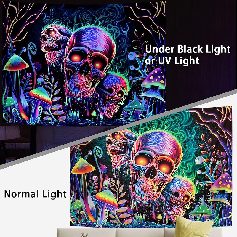 Halloween Skull Skeleton Blacklight Tapestry UV Reactive Trippy Misty Mushroom Hanging Tapestry Wall Art Mural for Living Room Bedroom  Decorations4