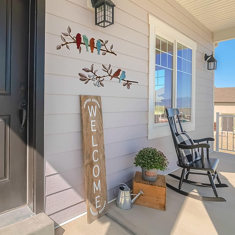 2 Packs Metal Birds Wall Art Decor, Colorful Metal Birds on The Tree Branch Leaves Wall Decor, Rustic Hanging Bird and Leaf Wall Sculpture Home Decor for Balcony Garden Indoor Outdoor3