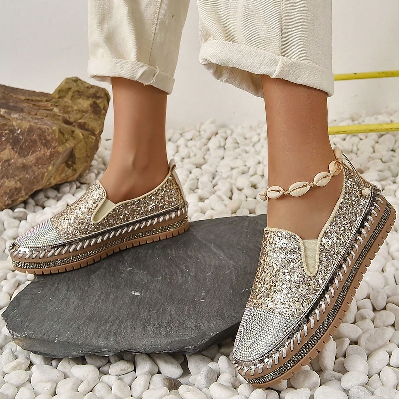 Women's Glitter Slip-On Loafers – Sparkly Rhinestone Embellished Platform Shoes for Casual Wear and Summer Outings4
