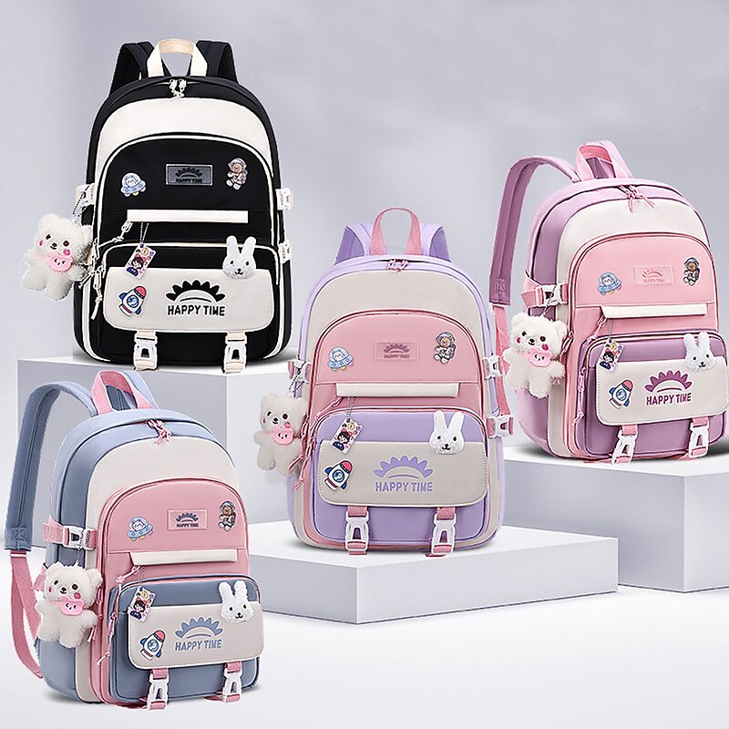 Girls' Waterproof School Backpack with Cute Bear Pendant and Cartoon Patches – Lightweight Bookbag for Elementary or Middle School Students2