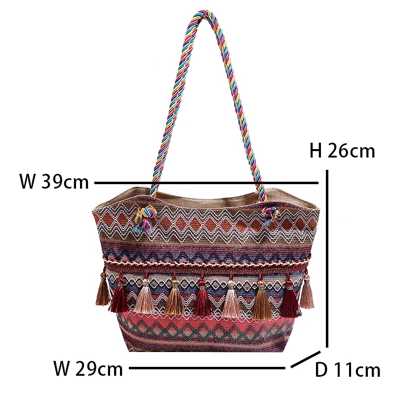 Bohemian Embroidered Canvas Tote Bag – Colorful Tassel Shoulder Handbag for Women, Casual Beach Travel Bag2