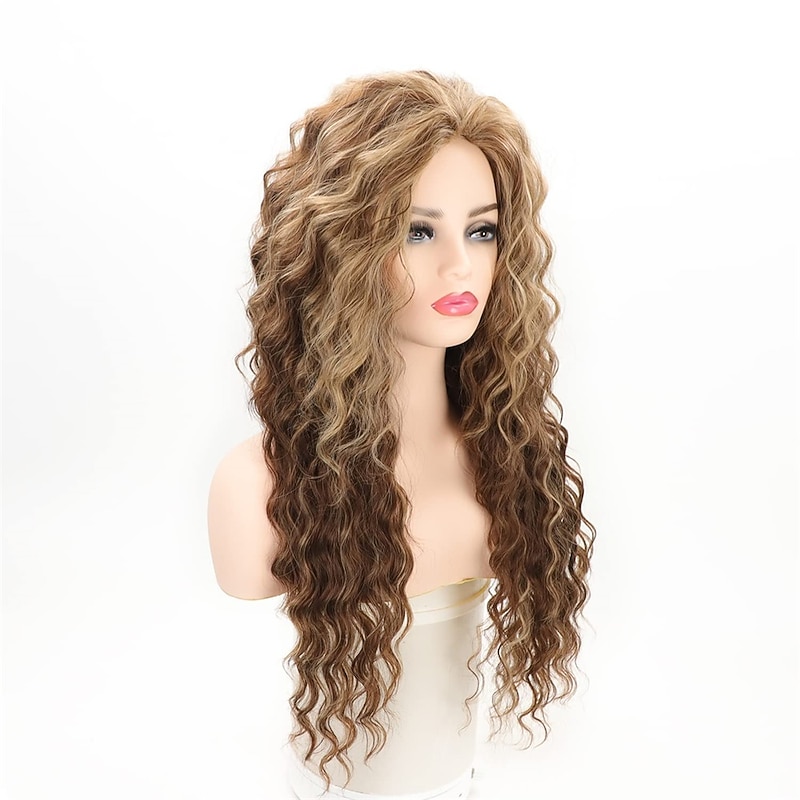 Brown Highlights Long Curly Wigs for Women Heat Resistant Synthetic Hair Brown Mixed Blonde Wave Curly Wig4