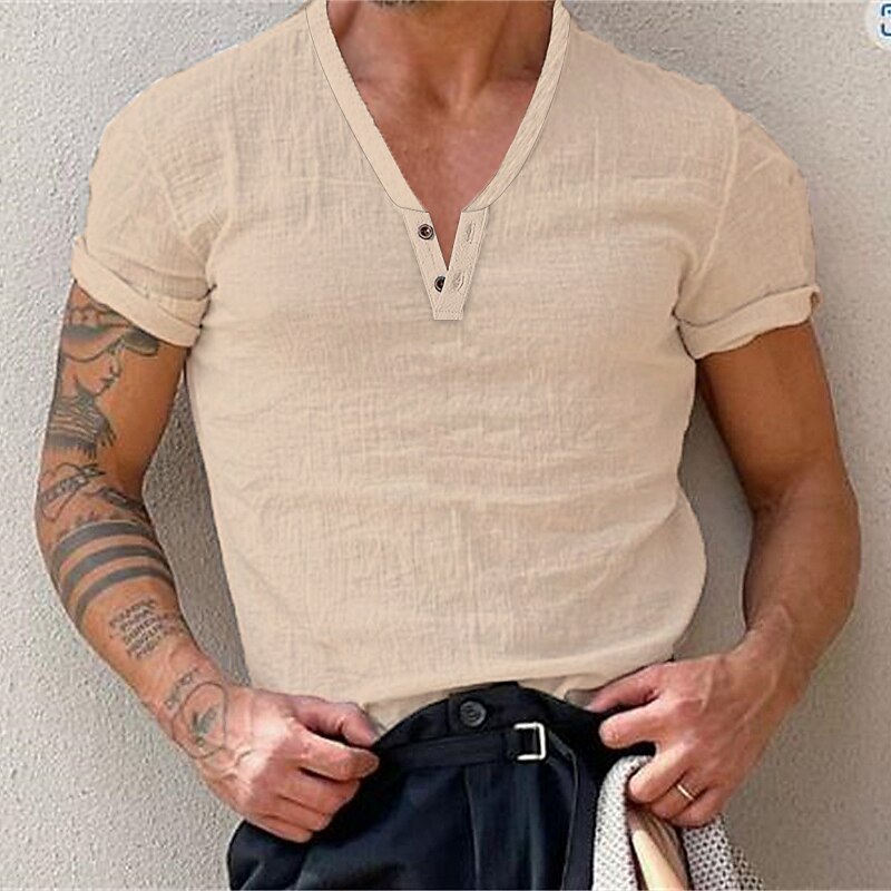 Men's T Shirt Henley Shirt Short Sleeve Plain Fashion Casual Comfortable Button-Down Henley Street Holiday Beach Spring & Summer Black White Blue Henley T-Shirt4