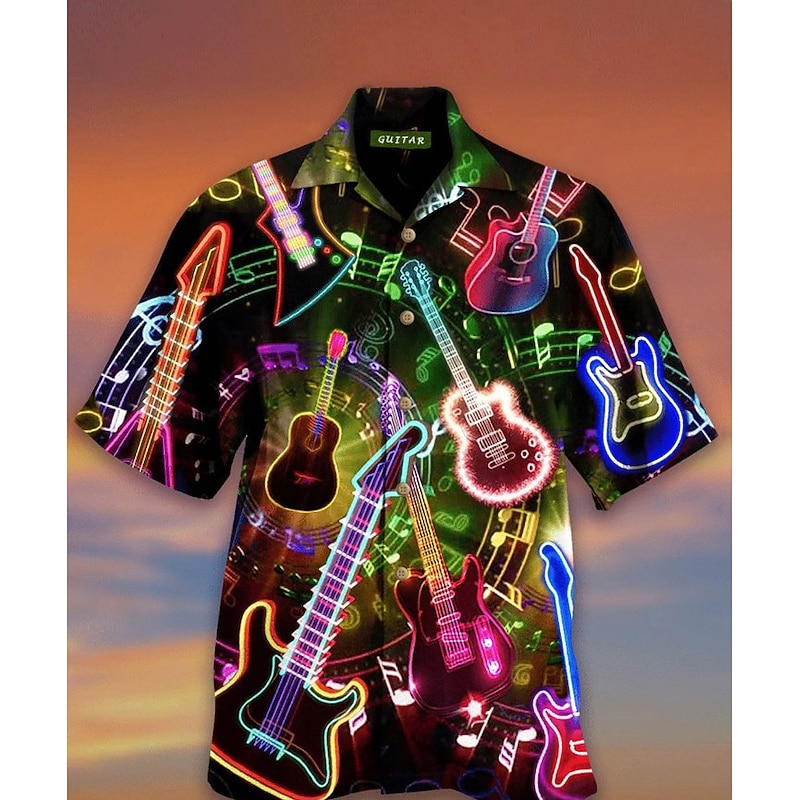 Men's Boardmasters Musical Instrument Shirt Summer Hawaiian Shirt Button Up Shirt Short Sleeve Designer Beach Holiday Spring & Summer Turndown 3D Print Black Blue Dark Green Light Purple Purple2