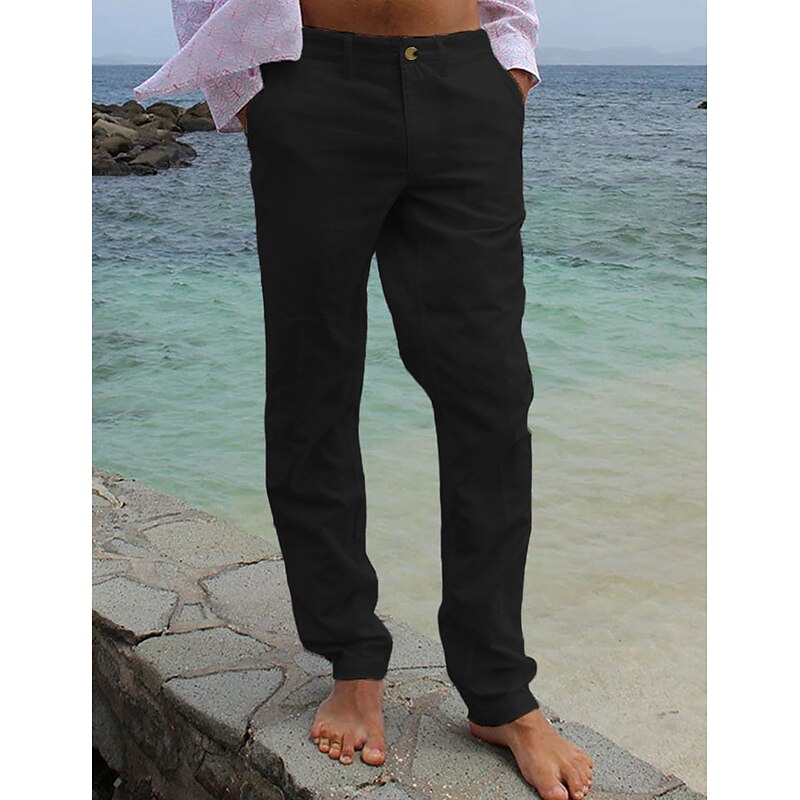 Men's Linen Pants Trousers Dress Pants Summer Pants Pocket Plain Comfort Soft Outdoor Daily Going out Fashion Streetwear Black White3