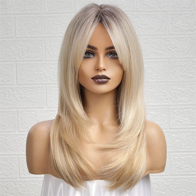 Ombre Blonde Wigs with BangsShoulder Length Ash Blonde Wig for Women Layered Wigs Dark Roots Synthetic Wigs for Daily Party 24IN Halloween Wigs3