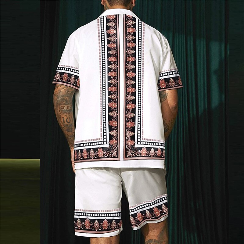 Men's Floral Print Totem Ethnic 2pcs Shirts Sets Summer Hawaiian Shirt Short Sleeve Short Pants Cuban Collar Fashion Streetwear Hawaiian Outdoor Street Daily Print Summer Spring White2