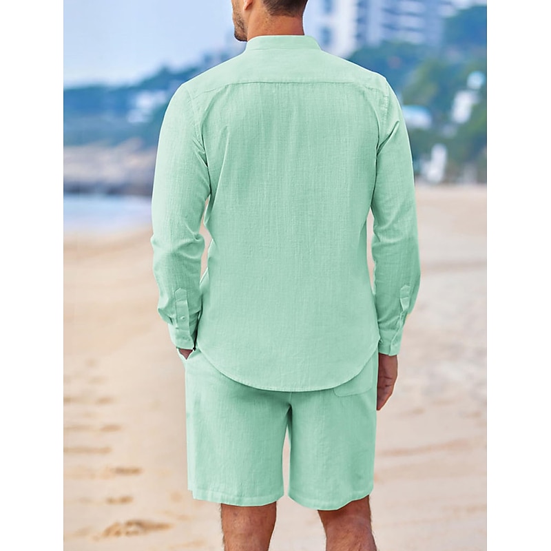 Men's Chinese Collar Shirt Mandarin Collar Shirt 2 Piece Shirt Set Summer Shirt Casual Shirt Pink Blue Green Beige Gray Long Sleeve Plain Grandad Collar Band Collar Vacation Daily Front Pocket3