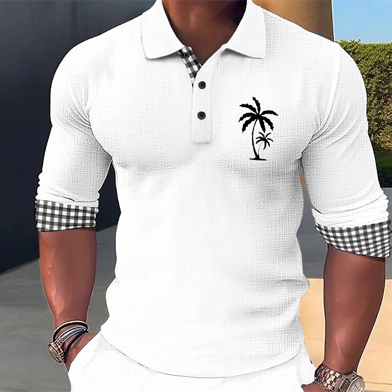 Kentucky Derby Men's Plaid Palm Tree Hawaiian Polo Shirts Golf Shirt Long Sleeve Polo Shirts Collared Shirts Casual Beach Wear Vacation Wear Tropical Wear Party Outfits 3D Print Buttons White Pink