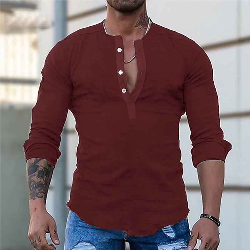 Men's Shirt Linen Shirt Summer Shirt Cotton Linen Shirt Long Sleeve Shirt Plain Street Sports Black Red Green Long Sleeve Henley Spring &  Fall Clothing Apparel Button-Down2