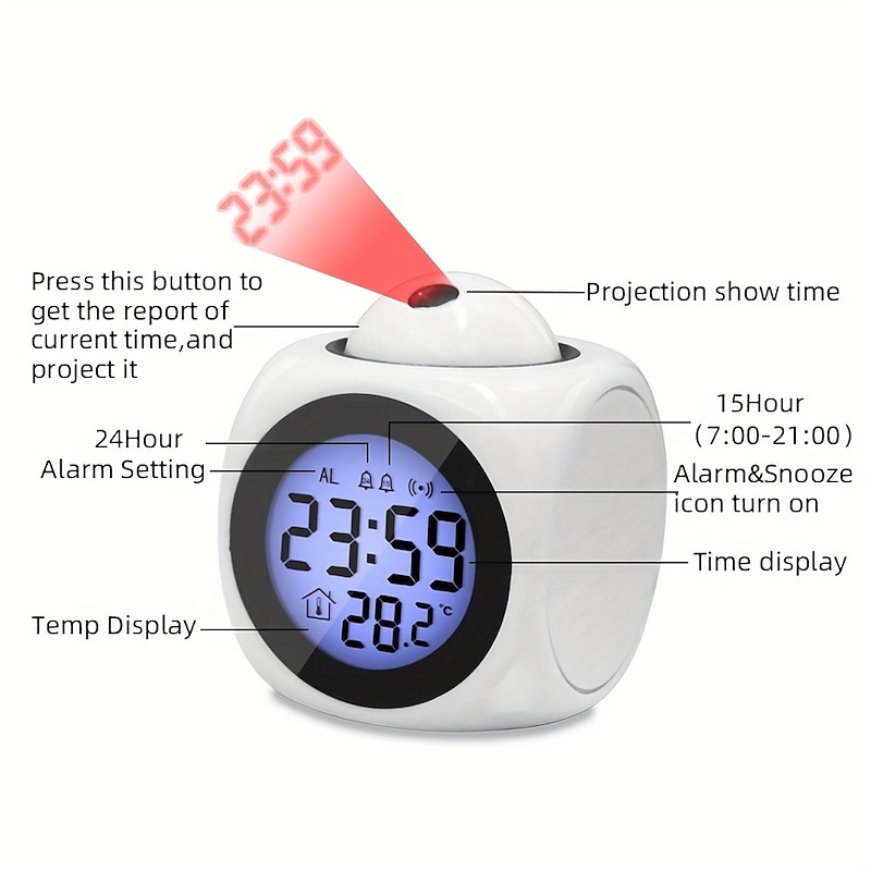 LED Smart Light  Projection Digital LED Alarm Clock for Bedroom on Ceiling Wall Dimmer USB Charger Battery Time And Temperature Display Backup Loud Dual Alarm Clock for Heavy Sleeper Kid Elderly3