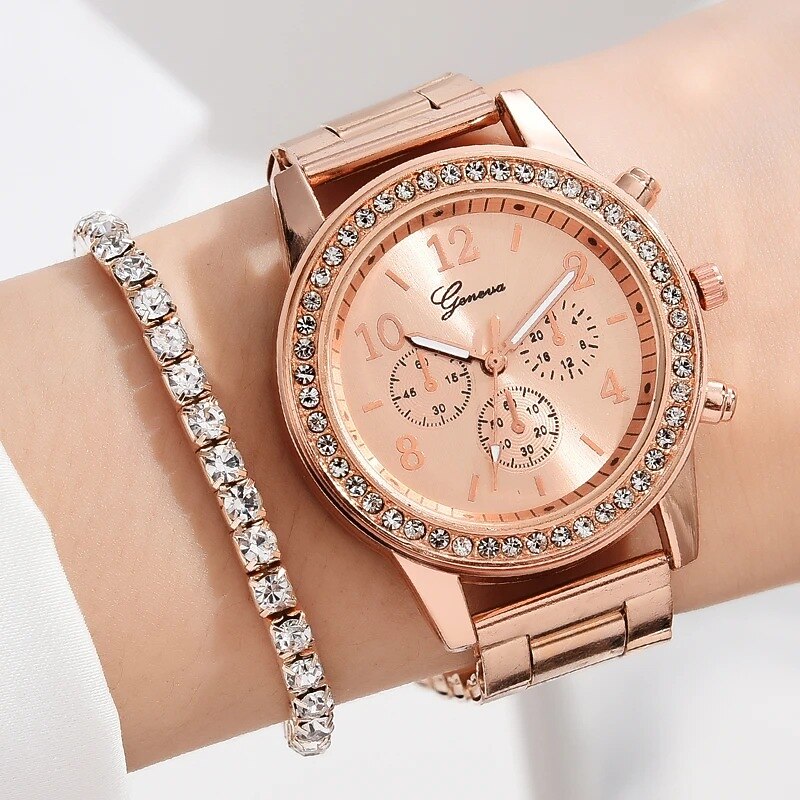 Women Quartz Watch 5 in 1 Luxury Bling Rhinestone Wristwatch with Bracelet Set Chronograph Decoration Stainless Steel Strap Watch2