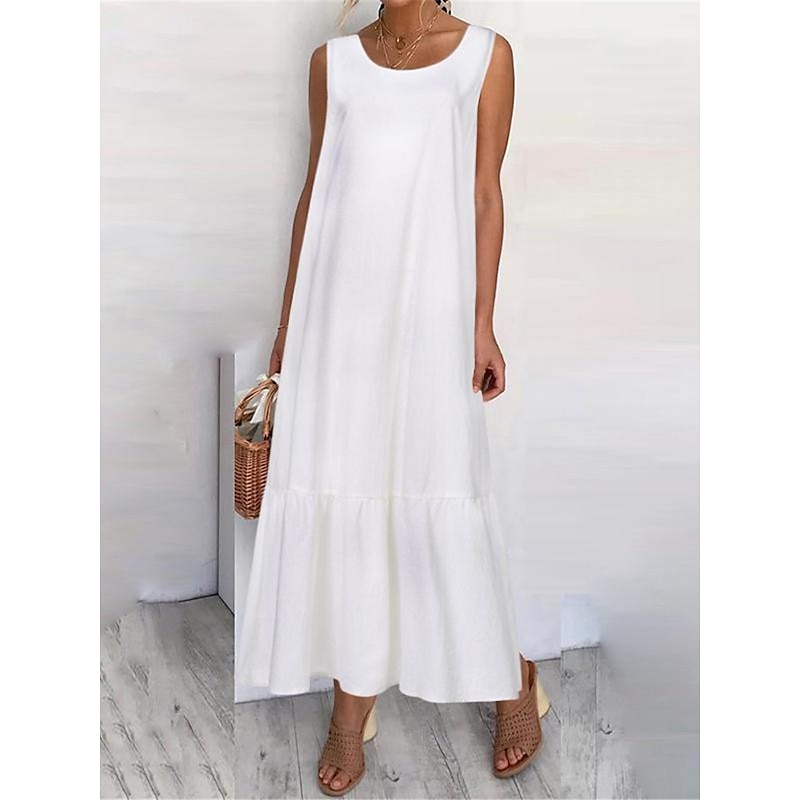 Women's Black White Navy Blue Summer Maxi long Dress Maxi Dress Linen-Inspired Dresses Tank Dress Tiered Dress Solid Basic Casual Vacation Regular Fit Crew Neck