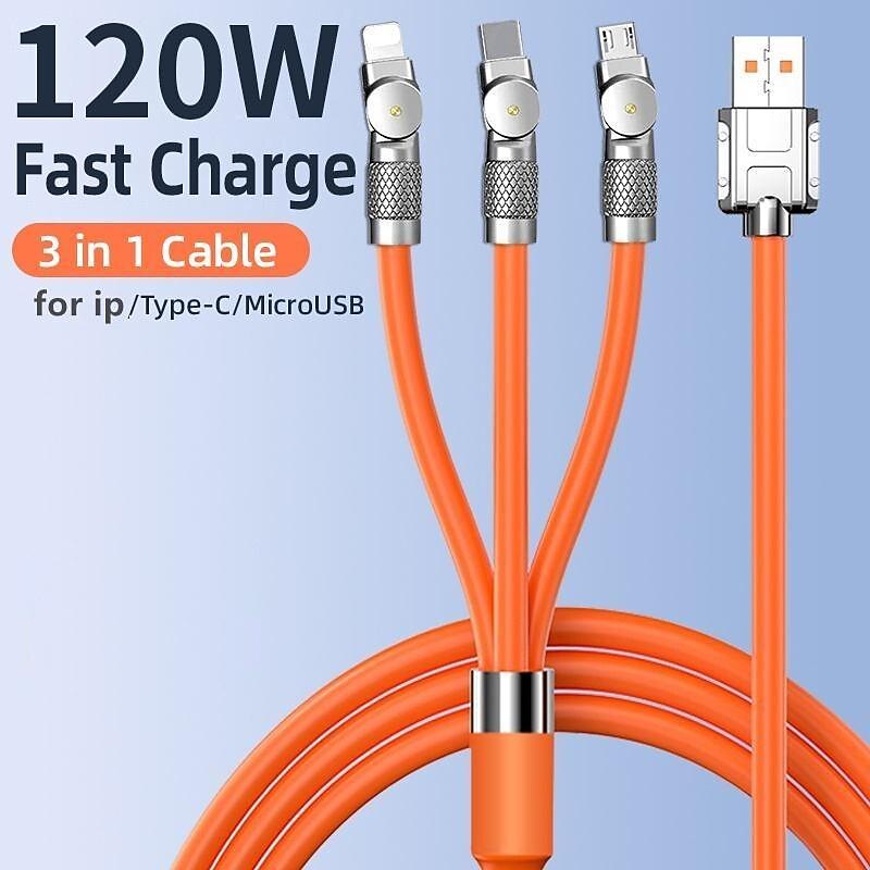 120W 3 in 1 Super Fast Charging Cable Micro USB Type c Gaming180° Rotating Data Cable For Huawei Smart Phone Silicone Cable2
