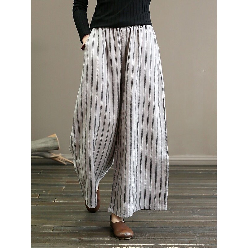 Women's Wide Leg Chinos Pants Trousers Vintage Fashion Lightweight Full Length Mid Waist Striped Pocket Elastic Waist Baggy Breathability Comfortable Micro-elastic Vacation Casual Daily Black White