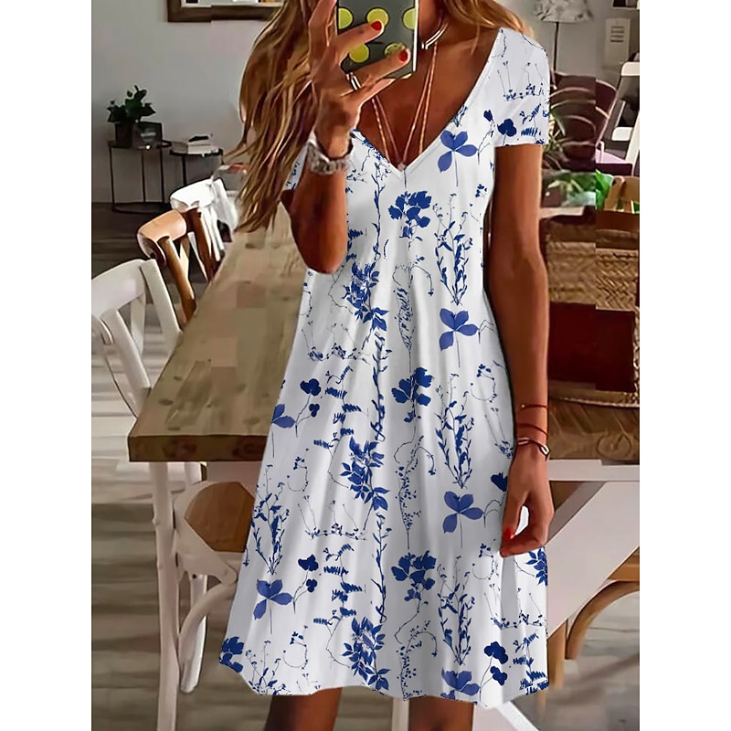 Women's Mini Dress Petite Dress T Shirt Dress Tee Dress Sundress Summer Dress Active Fashion Streetwear Outdoor Vacation Birthday Regular Fit Floral Short Sleeve V Neck Pink Blue Purple