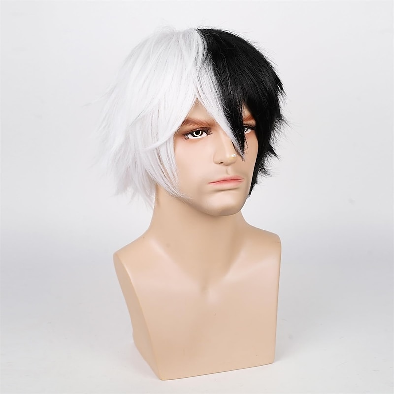 Unisex Anime Short Black and White Cosplay Wig With Bangs Heat Resistant Hair for Party Carnival Costume2