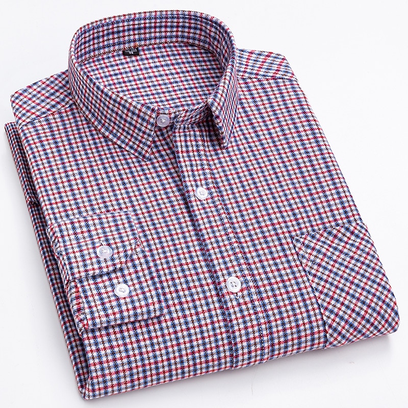 Men's Plaid / Striped / Chevron / Round Wedding Office & Career Dark Red Wine Red Dark Navy Long Sleeve Shirt Collar All Seasons Clothing Apparel Cross3