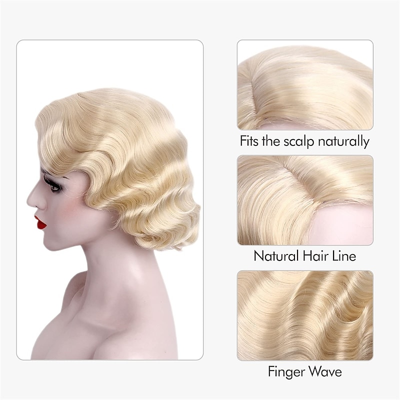 Blonde 1920s Wig for Women Short Finger Wave Party Wig Synthetic Full Vintage Wigs for Womens Lady Cosplay Costume Fancy Dress 20s Flapper Wig Halloween Wigs3