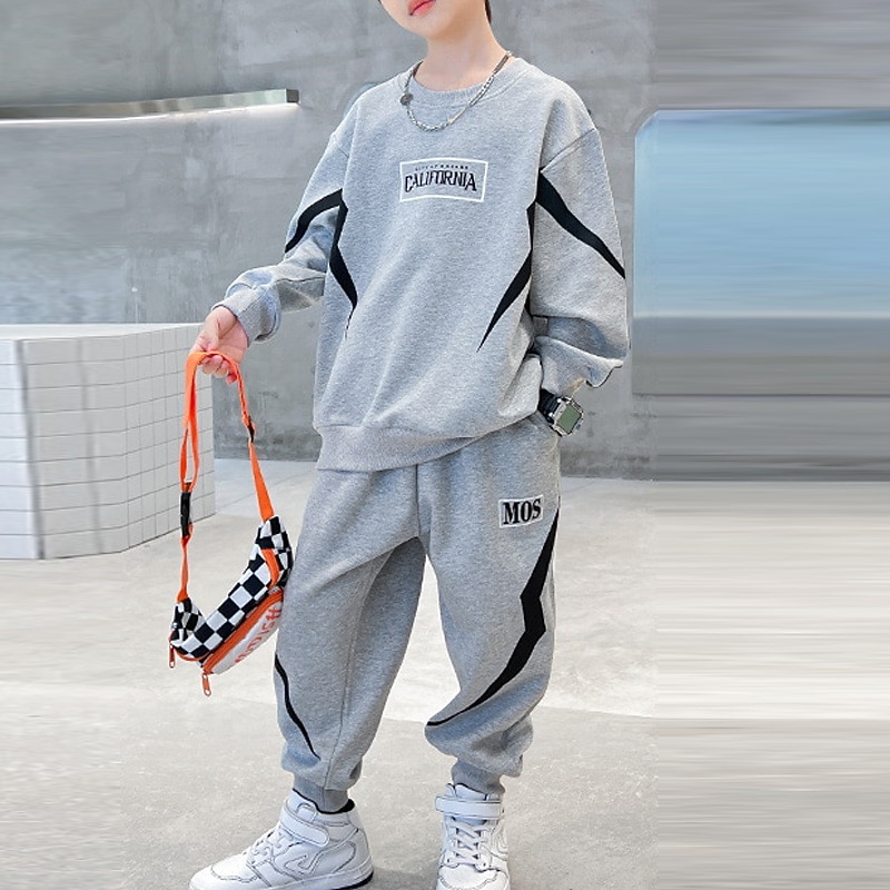 2 Pieces Kids Boys Hoodie & Pants Sweatshirt & Pants Clothing Set Outfit Letter Stripe Long Sleeve Pocket Set School Sports Cool Daily Spring Fall 7-13 Years Black Gray4