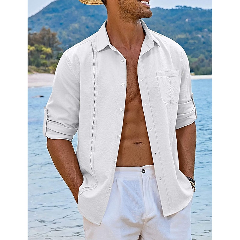 Men's Shirt Guayabera Shirt Linen Shirt Button Up Shirt Summer Shirt Beach Shirt Black White Navy Blue Long Sleeve Plain Turndown Spring & Summer Casual Daily Clothing Apparel Patchwork4