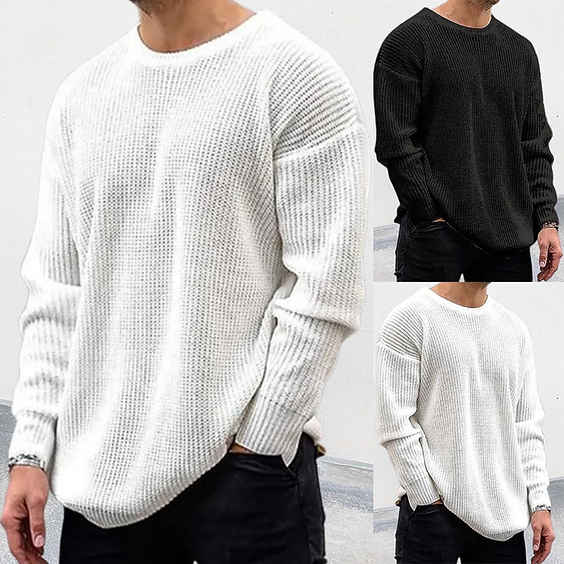 Men's Pullover Sweater Jumper Ribbed Crochet Knit Regular Knitted Solid Color Crew Neck Modern Contemporary Work Daily Wear Clothing Apparel Winter Black White M L XL