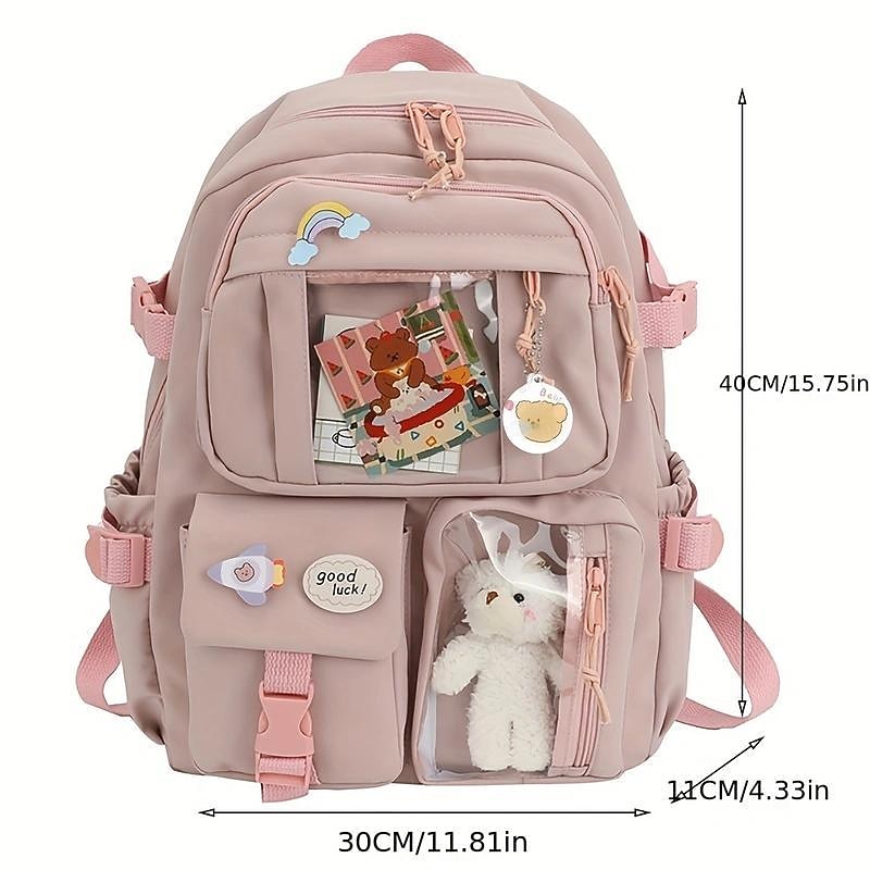 Cute Transparent Pocket Backpack Waterproof with Plush Toy - Large Capacity, Multi-Pocket Back to School Bag for Girls in Multiple Colors3