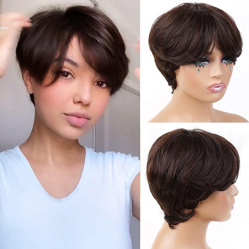 Brown Bob Wig Human Hair Short Pixie Cut Wig with Bangs Layered Human Hair Wigs for Black Women #4 Chocolate Colored Straight None Lace Front Wigs 150% Density  Pre Plucked Natural Hairline - Main Image