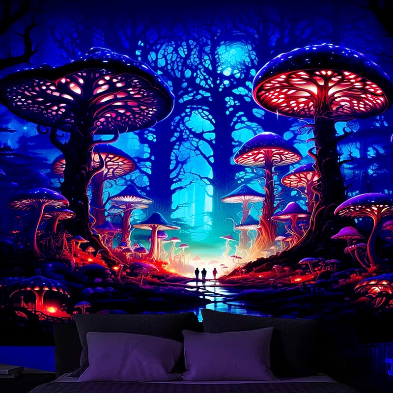 Trippy Magic Mushroom Blacklight Tapestry UV Reactive Glow Party Neon Misty Mushroom Psychedelic Hanging Tapestry Wall Art Mural for Living Room Bedroom