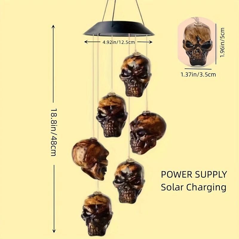 Skull Head Solar Wind Chime Halloween Decoration Lights 6 LED String Lights Outdoor Decorations Hanging Garden Lights Color Changing Decor LED Wind Chimes, Theme Parties Haunted Party Garden Yard Outdoor Bar Hallowmas Decorations3