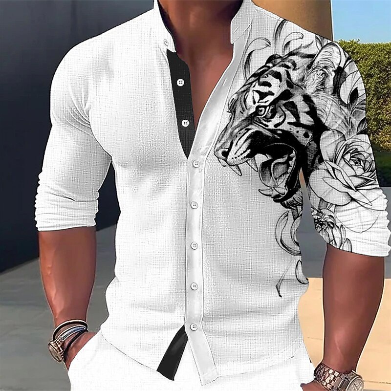 Men's Animal Tiger Shirt Button Up Shirt Long Sleeve Fashion Streetwear Designer Outdoor Casual Daily Summer Spring Fall Stand Collar Print White Pink Blue Green Khaki