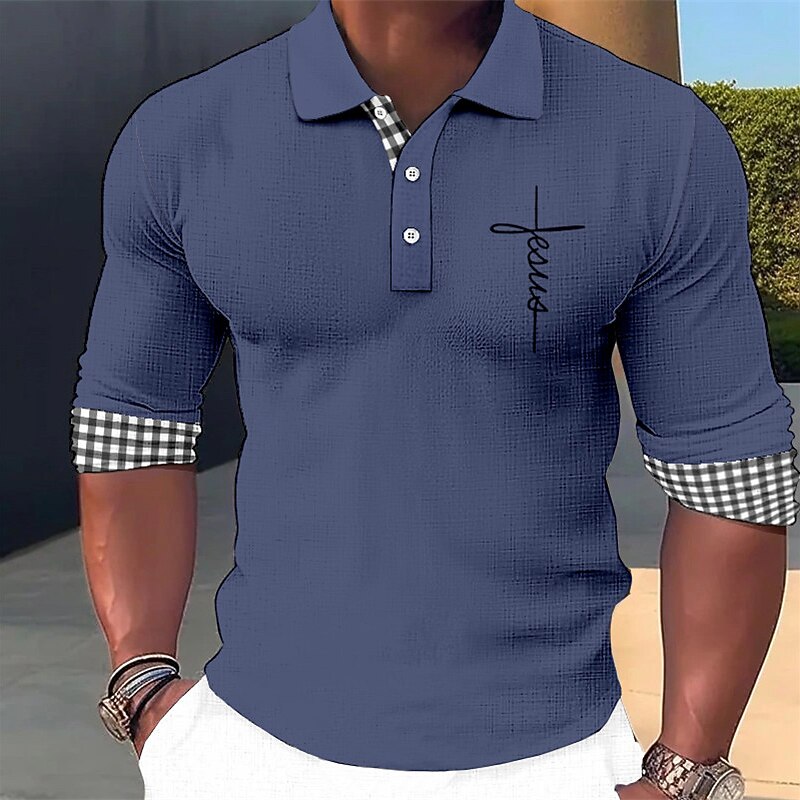 Men's Plaid Faith Hawaiian Polo Shirts Golf Shirt Long Sleeve Polo Shirts Collared Shirts Casual Beach Wear Vacation Wear Party Outfits 3D Print Buttons Blue-Green White Blue3