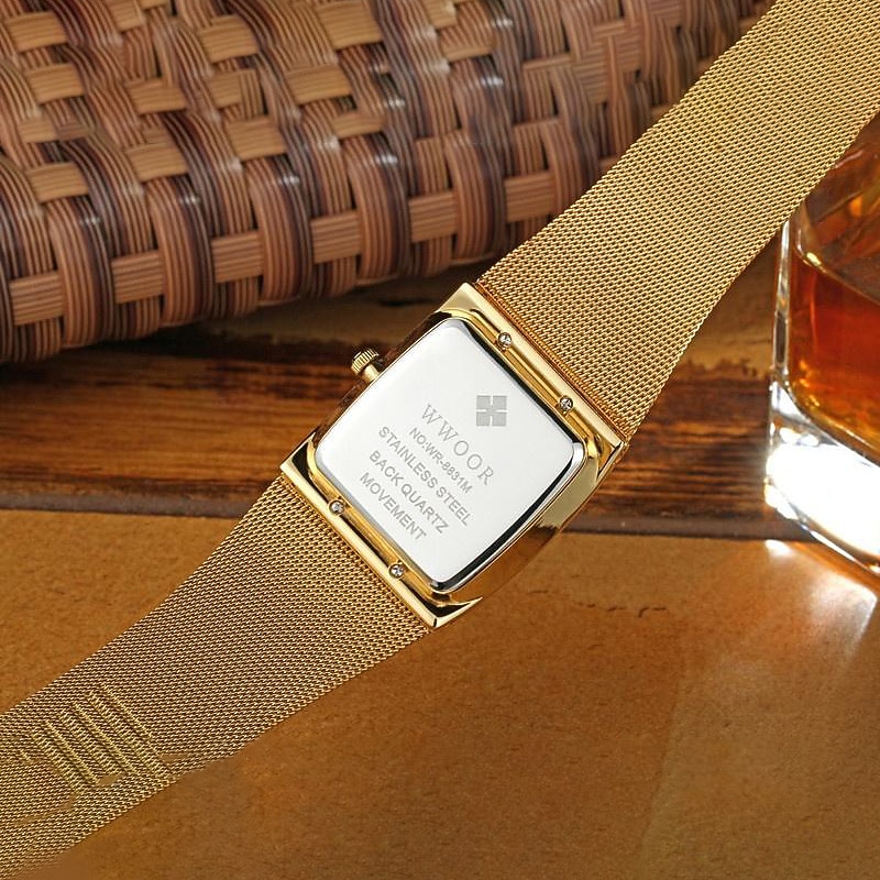 Men's Square Ultra-thin Watch WWOOR Luxury Gold Watch Men's Quartz Steel Mesh Waterproof Watch Box Gift Relogio Masculino3