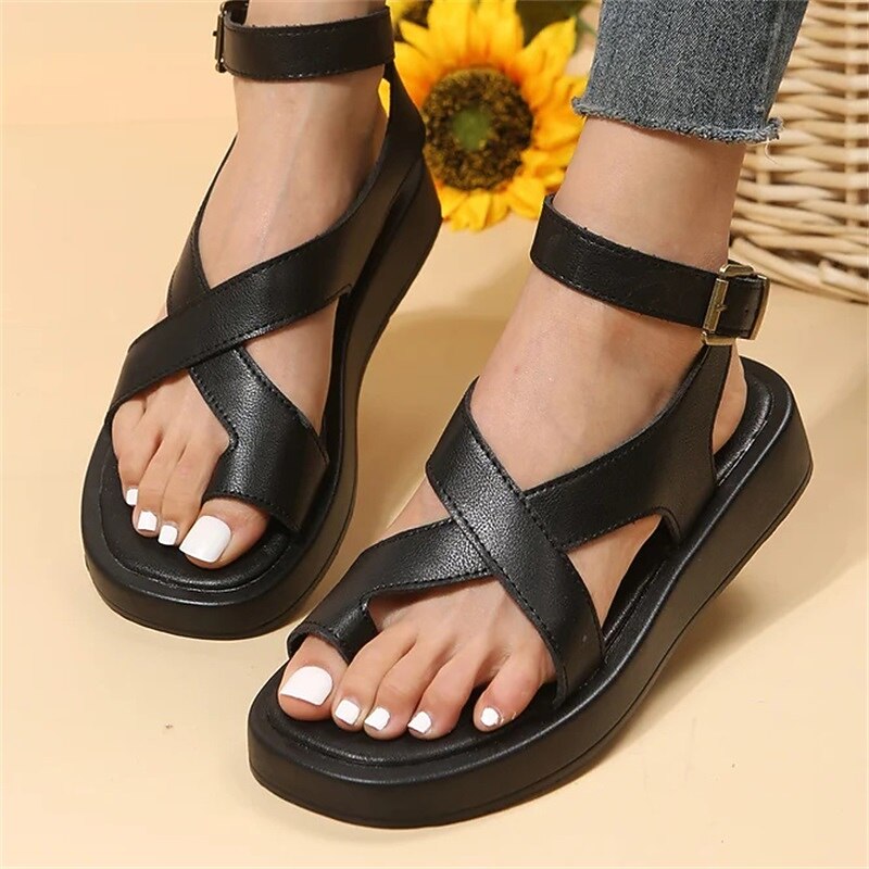 Women's Black Open Toe Sandals with Crisscross Straps and Ankle Buckle, Comfortable Flat Sole Summer Shoes for Walking, Travel, and Casual Wear3
