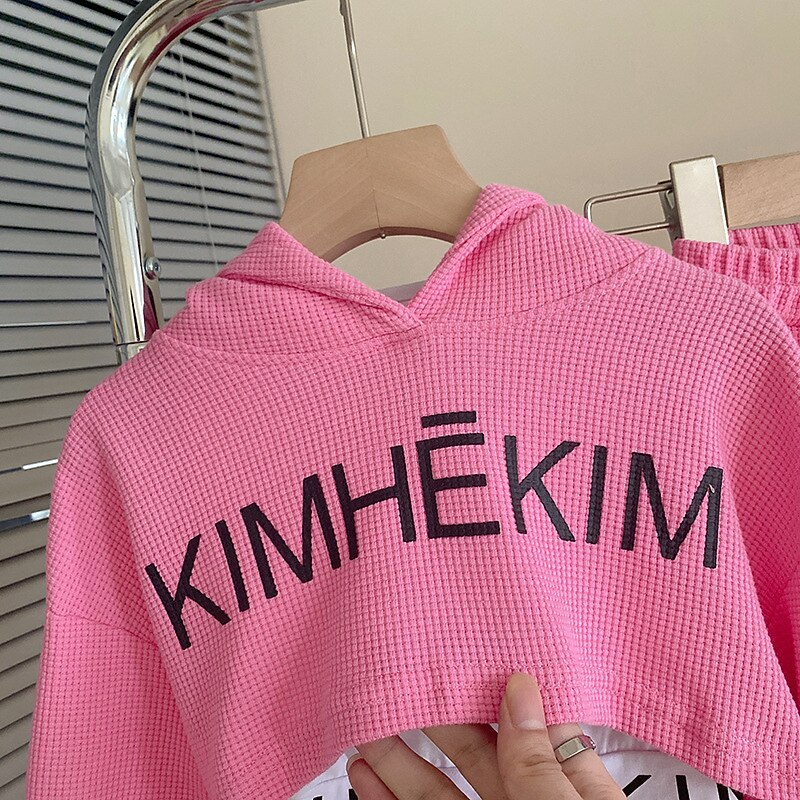 3 Pieces Kids Girls' Letter Embroidered Hoodie & Sweatpants Set Set Long Sleeve Fashion Outdoor Cotton 3-7 Years Spring Pink Gray3