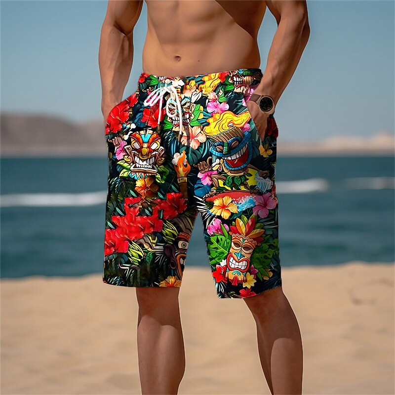 Men's Mask Indian Culture Flower / Floral Sweat Shorts Beach Shorts Terry Shorts Mid Waist Hawaiian Ethnic Daily Holiday Streetwear Drawstring Elastic Waist 3D Print Designer Clothing Apparel